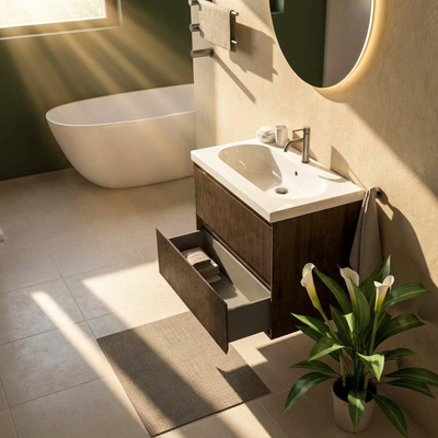 Saniclass Holz Atelier Ensemble de meubles de salle de bains - 80x45x63.5cm - lavabo en céramique Palermo blanc - 1 vasque - 1 trou de robinetterie - 2 tiroirs - chêne charcoal mat (bois)