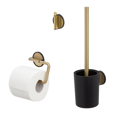 Tiger Tune Ensemble d’accessoires pour toilettes - porte-rouleau de papier toilette - sans couvercle - porte-balai de toilettes - patère - auto-adhésif - laiton brossé/noir