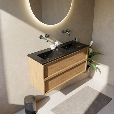 Saniclass Holz Frame Ensemble meuble de salle de bains - 120x45x62cm - Vygo lavabo en céramique noir - 2 vasques - sans trous de robinetterie - 2 tiroirs - chêne natural mat (bois)