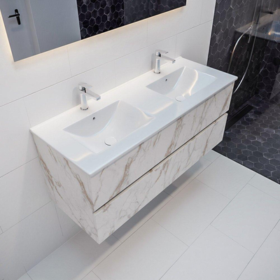 Mondiaz VICA ensemble de meuble de salle de bain - 120cm - meuble sous-vasque carrara - 2 tiroirs - lavabo denia double - 2 trous de robinet - miroir LED - version XL 60cm de haut