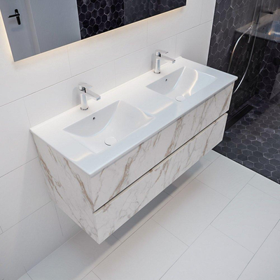 MONDIAZ VICA Ensemble de meuble salle de bain - 120cm - 2 tiroirs - lavabo Denia double 2 trous de robinet - céramique - marbre Carrara