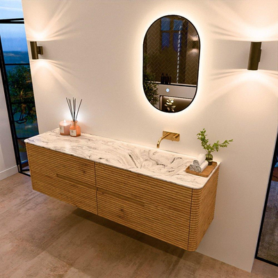 Mondiaz CIRO-DLUX Meuble de salle de bains - 170x45x50cm - Plan vasque solid surface Glace - 1 lavabo à droite - sans trous de robinetterie - 4 tiroirs - Chêne