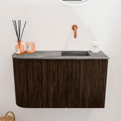 Mondiaz JOYA-DLUX 71.6cm toiletmeubel - ronding links kleur Walnut - Wastafel FAYE positie Rechts Zonder kraangat kleur Sombra.