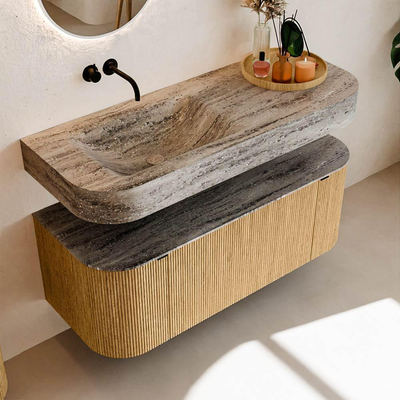 MONDIAZ THOR-DLUX 120cm badmeubel ronding links + rechts kleur Oak met 1 lade en 2 deuren. Vrijhangende wastafel CLOUD Links zonder kraangat kleur Oza.