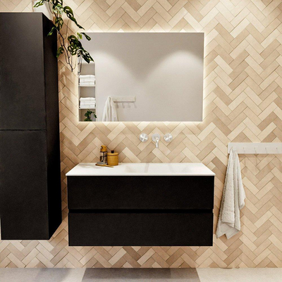 MONDIAZ VICA meuble sous lavabo 100cm Urban 2 tiroirs. Lavabo CLOUD à droite sans trou de robinet, couleur Talc.