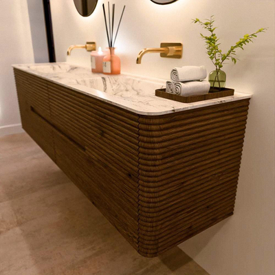 Mondiaz CIRO-DLUX Meuble de salle de bains - 180x45x50cm - Vasque en solid surface Glace - 2 lavabos Double - sans trous de robinetterie - 4 tiroirs - Dusk