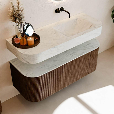 MONDIAZ THOR-DLUX 120cm meuble de salle de bains arrondi gauche + droite couleur Walnut avec 1 tiroir et 2 portes. Vasque suspendue CLOUD Droite sans trou de robinet couleur Opalo.