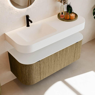 MONDIAZ THOR 120cm meuble de salle de bains arrondi gauche + droite couleur Dusk avec 1 tiroir et 2 portes. Lavabo suspendu CLOUD gauche 1 trou de robinet couleur Talc.