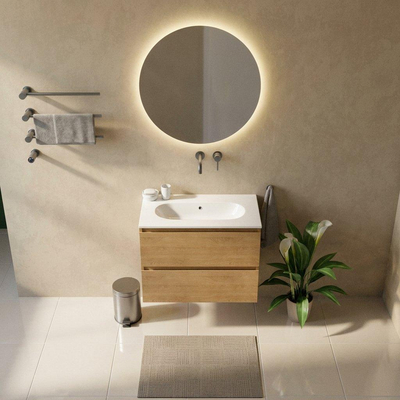 Saniclass Holz Pure Ensemble de meubles de salle de bains - 80x45x73.9cm - Vasque en céramique Chaci blanche - 1 vasque - sans trou de robinet - 2 tiroirs - chêne naturel mat (bois)