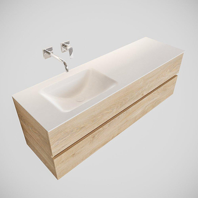MONDIAZ VICA Ensemble de meuble salle de bain - 150cm - 2 tiroirs - lavabo Cloud gauche - 0 trous de robinet - solid surface chêne blanchi