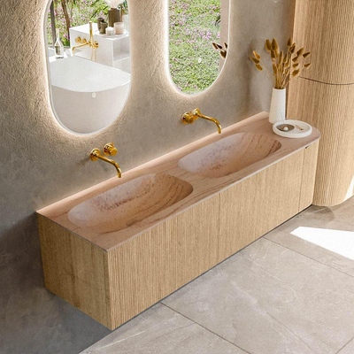 MONDIAZ KURVE-DLUX meuble de salle de bains 165 cm courbe droite couleur Chêne avec 2 tiroirs et 1 porte. Lavabo STOR SMALL double / gauche sans trou de robinet Saba.