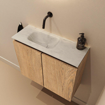 MONDIAZ TURE-DLUX Meuble de toilettes 60 cm Washed Oak. Lavabo EDEN Opalo position gauche. Sans trou de robinet.