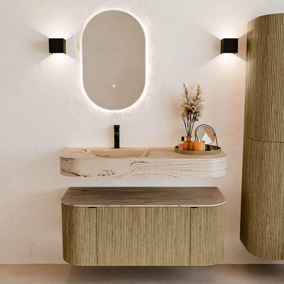 MONDIAZ THOR-DLUX 110cm meuble de salle de bains arrondi gauche + droite couleur Dusk avec 1 tiroir et 2 portes. Vasque suspendue CLOUD gauche 1 trou de robinet couleur Arena.