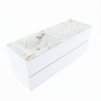 Mondiaz VICA-DLUX Ensemble de meuble de salle de bain - 130cm - meuble sous-vasque talc - 2 tiroirs - lavabo encastrée cloud gauche - sans trous de robinet - version haute de 60cm - frape