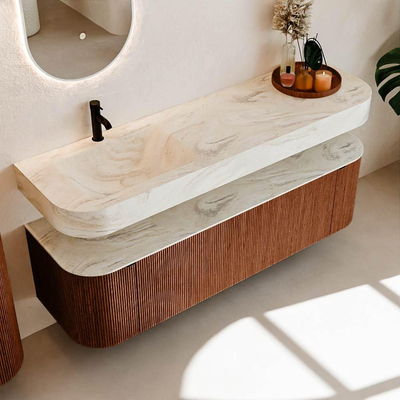 MONDIAZ THOR-DLUX 160cm meuble de salle de bains arrondi gauche + droite couleur Ruby avec 1 tiroir et 2 portes. Vasque suspendue CLOUD Gauche 1 trou de robinet couleur Ostra.