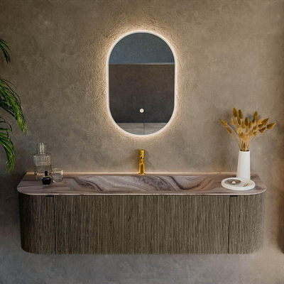 MONDIAZ KURVE-DLUX Meuble de salle de bains 160cm arrondi Gauche + Droite couleur Shadow avec 1 tiroir et 2 portes. Lavabo BIG MEDIUM Central 1 trou de robinet Sombra.