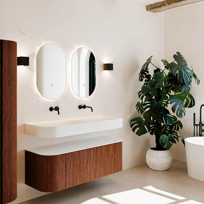 MONDIAZ THOR 130cm meuble de salle de bains arrondi gauche + droite couleur Ruby avec 1 tiroir et 2 portes. Vasque suspendue CLOUD Double sans trou de robinet couleur Talc.