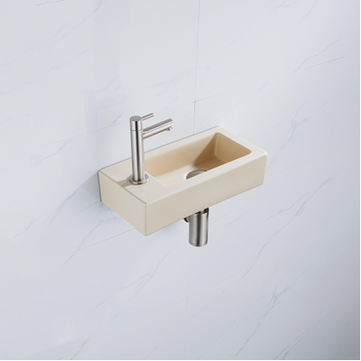 QeramiQ Fuente pack lave-mains – 37,5 x 18,5 x 9 cm – céramique beige – perçage à gauche – robinet inox brossé