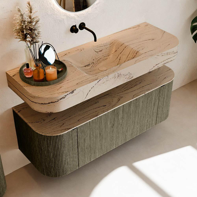 MONDIAZ THOR-DLUX 130cm meuble de salle de bains arrondi gauche + droite couleur Shadow avec 1 tiroir et 2 portes. Vasque suspendue CLOUD Milieu sans trou de robinet couleur Arena.