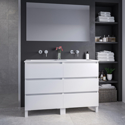 Saniclass Chaci PLUS Meuble de salle de bain - 120x86x46cm - lavabo en céramique blanc - 2 vasques - sans trous de robinet - 6 tiroirs - miroir rectangulaire - blanc mat