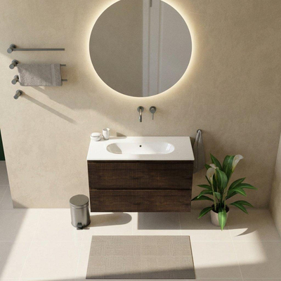 Saniclass Holz Atelier Ensemble meuble de salle de bains - 100x45x73.9cm - Lavabo en céramique Chaci blanc - 1 vasque - sans trou de robinetterie - 2 tiroirs - chêne charcoal mat (bois)