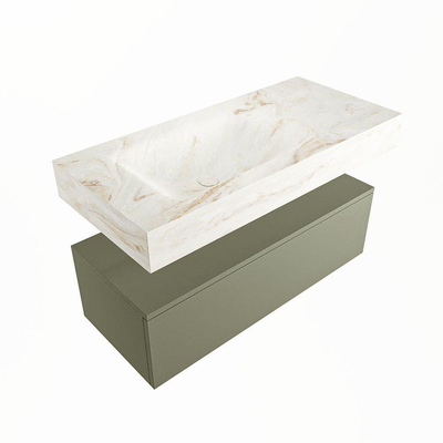 Mondiaz ALAN-DLUX Ensemble de meuble - 100cm - meuble Army mat - 1 tiroir - Lavabo Cloud Frappe suspendu - vasque Gauche - 1 trou de robinet