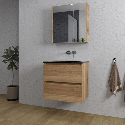 Saniclass Chaci Ensemble meuble de salle de bains - 60x46x55cm - vasque en céramique noire - 1 lavabo - sans trou de robinet - 2 tiroirs - armoire de toilette - chêne