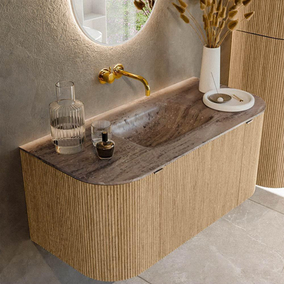 MONDIAZ KURVE-DLUX 100cm badmeubel ronding Links + Rechts kleur Oak met 1 lade en 2 deuren. Wastafel GRUNNE Midden zonder kraangat Oza.