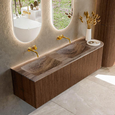 MONDIAZ KURVE-DLUX 155cm badmeubel ronding Rechts kleur Walnut met 2 lades en 1 deur. Wastafel LEAF Dubbel / Links zonder kraangat Oza.