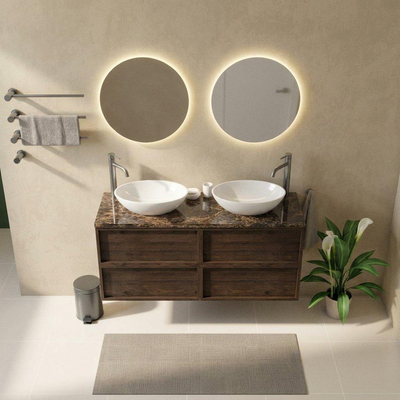 Saniclass Holz Frame Ensemble de meubles de salle de bains - 140x45x63cm - Plan de travail en pierre naturelle Noche dark emperador - 2 trous de robinetterie - 4 tiroirs - chêne charcoal mat (bois)
