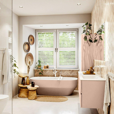 MONDIAZ VICA Ensemble meuble de salle de bains - 150cm - meuble bas rosee - 2 tiroirs - lavabo cloud à droite - 1 trou de robinet - version haute 60cm - talc