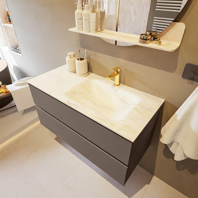 Mondiaz VICA-DLUX ensemble de meuble de salle de bain - 100cm - meuble sous-vasque fumée - 2 tiroirs - lavabo encastré nuage droite - 1 trou de robinet - version haute 60cm - ostra