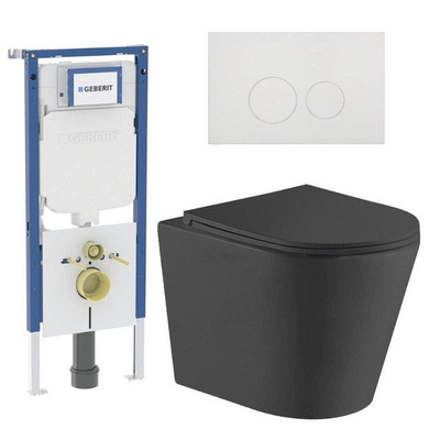 QeramiQ Dely Toiletset - 36.3x51.7cm - diepspoel - rimless - Geberit UP720 inbouwreservoir - softclose toiletzitting - glans witte bedieningsplaat - ronde knoppen - met Burda frame - mat zwart