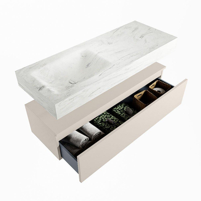 Mondiaz ALAN-DLUX Ensemble de meuble - 120cm - meuble Linen mat - 1 tiroir - Lavabo Cloud Opalo suspendu - vasque Gauche - 1 trou de robinet