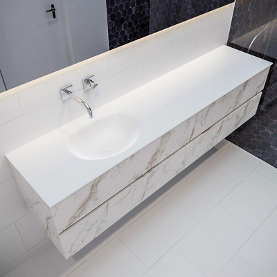 MONDIAZ VICA Ensemble de meuble salle de bain - 200cm - 4 tiroirs - lavabo Moon gauche - 0 trous de robinet - solid surface marbre carrara