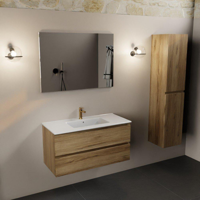 Mondiaz AIVY Ensemble de meuble - 100x45x50cm - 1 trou de robinet - 1 vasque Urban Solid surface - Centre - 2 tiroirs - avec miroir - Melamine Chai