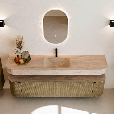 MONDIAZ THOR-DLUX Meuble de salle de bains 190cm arrondi gauche + droite couleur Dusk avec 2 tiroirs et 2 portes. Vasque suspendue CLOUD Milieu 1 trou de robinet couleur Saba.