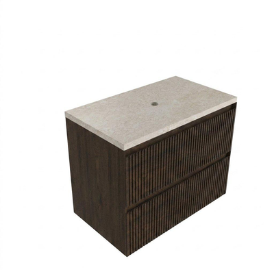 Saniclass Holz Atelier Ensemble meuble de salle de bains - 80x45x63cm - Plan de travail en pierre naturelle travertin - sans trou de robinet - 2 tiroirs - chêne charcoal mat (bois)