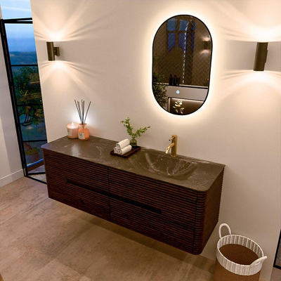 Mondiaz CIRO-DLUX Meuble de salle de bains - 150x45x50cm - Lavabo solid surface Lava - 1 vasque à droite - 1 trou de robinet - 4 tiroirs - Noyer
