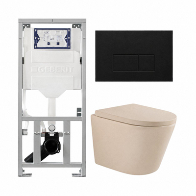QeramiQ Dely Toiletset - 36.3x51.7cm - diepspoel - rimless - Geberit UP320 inbouwreservoir - softclose toilet zitting - 35mm - metaal mat zwart bedieningsplaat - rechthoekige knoppen - mat beige