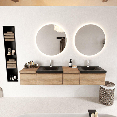 MONDIAZ BUKLA 200cm badmeubel met module 40 rechts kleur Washed Oak met 4 lades. Wastafel CLOUD dubbel 2 kraangaten kleur Urban.