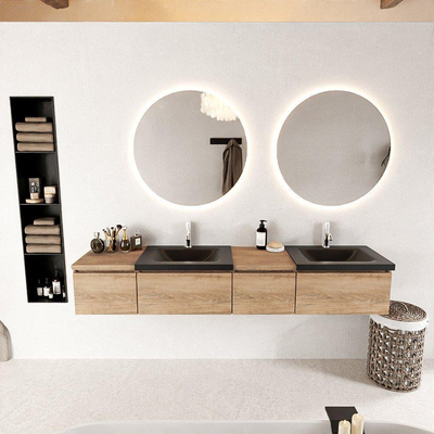 Mondiaz bukla ensemble de meubles de bain 200x45x34cm 2 robinets 2 éviers surface solide urbaine sans poignée 4 tiroirs avec softclose mélamine chêne lavé