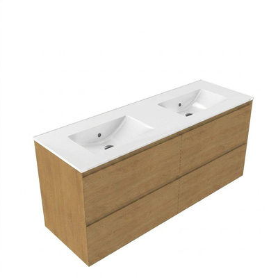 Saniclass Holz Pure Ensemble de meubles de salle de bains - 140x45x62cm - Lavabo en céramique Vygo blanc - 2 vasques - sans trous de robinetterie - 4 tiroirs - chêne natural brillant (bois)