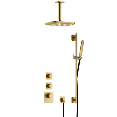 Hotbath Gal IBS40 regendoucheset inbouw - 2 functies - 15cm plafondarm - 22cm vierkante hoofddouche - met glijstang - messing geborsteld PVD