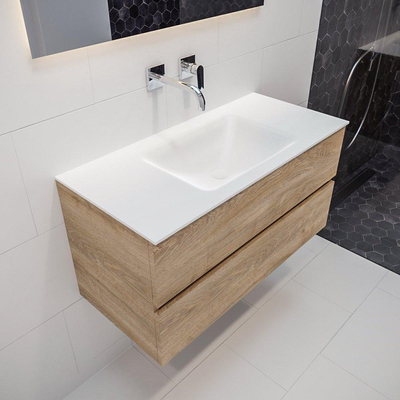 MONDIAZ VICA Ensemble de meuble salle de bain - 100cm - 2 tiroirs - lavabo Cloud au centre - 0 trous de robinet - solid surface chêne blanchi