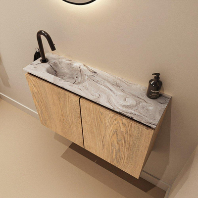 MONDIAZ TURE-DLUX Meuble de toilettes 80 cm Washed Oak. Lavabo EDEN Glace position gauche. Avec 1 trou de robinet.