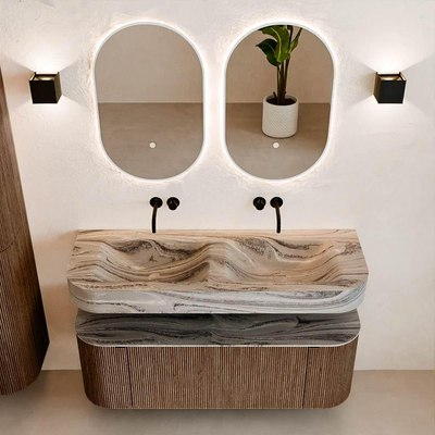 MONDIAZ THOR-DLUX 130cm badmeubel ronding links + rechts kleur Walnut met 1 lade en 2 deuren. Vrijhangende wastafel CLOUD Dubbel zonder kraangat kleur Sombra.