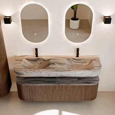 MONDIAZ THOR-DLUX 150cm badmeubel ronding links + rechts kleur Walnut met 1 lade en 2 deuren. Vrijhangende wastafel CLOUD Dubbel 2 kraangaten kleur Sombra.