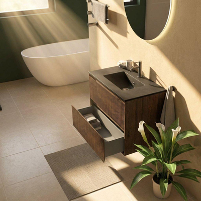 Saniclass Holz Atelier Ensemble de meuble de salle de bains - 80x45x62cm - Lavabo Vygo en céramique noir - 1 vasque - 1 trou de robinet - 2 tiroirs - chêne charcoal mat (bois)