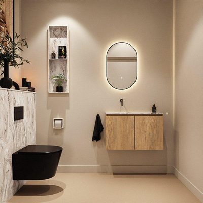 MONDIAZ TURE-DLUX Meuble toilette - 80cm - Washed Oak - EDEN - vasque Glace - position gauche - sans trou de robinet